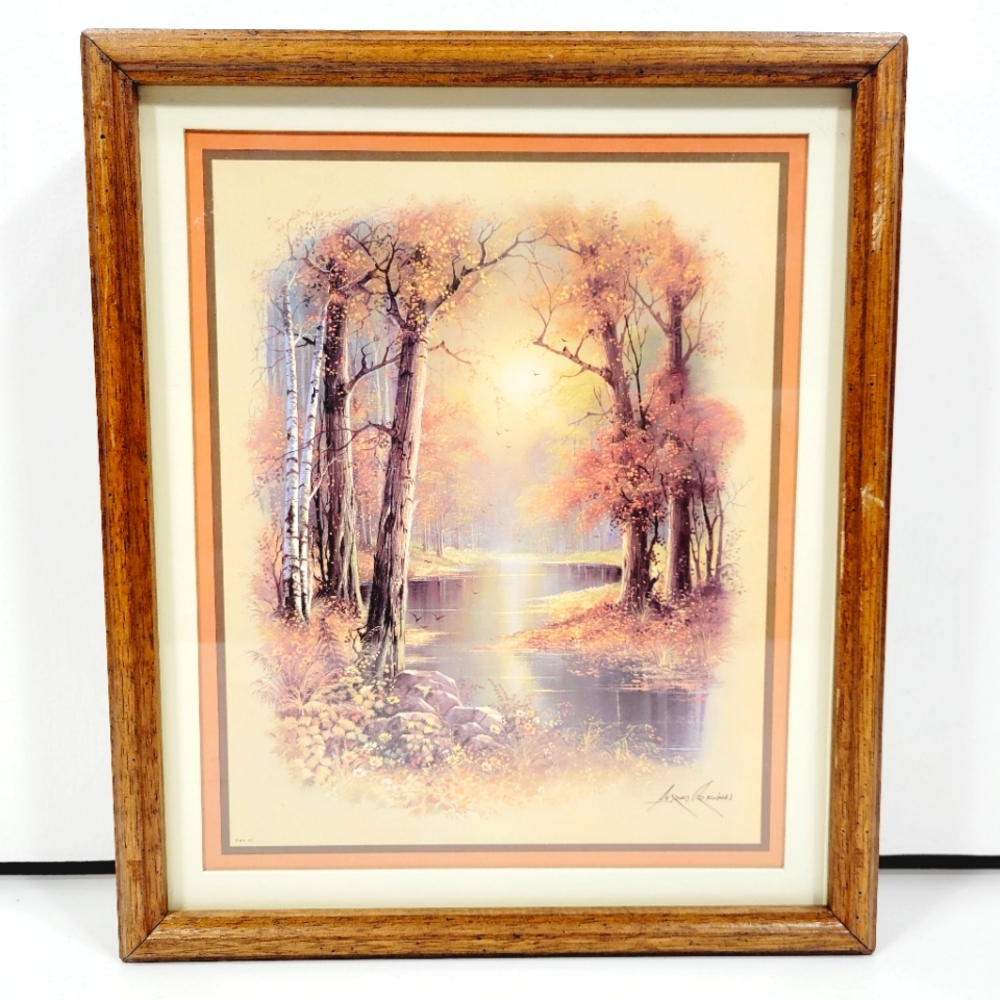 Vintage Farmhouse Boho Wood Framed & Signed Lithograph by Andres Orpinas